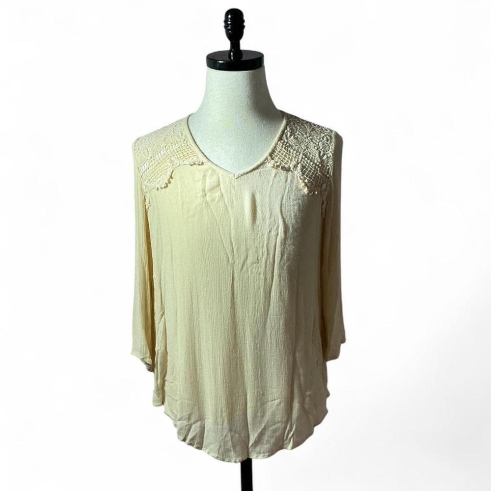 Chico's Beige Lace Trim V-Neck Long Sleeve Blouse Boho Chic Top‎